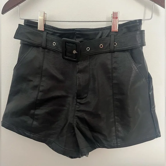 Altar’d State Faux Leather Shorts Black Zip Front Belted High Waisted Size Small - Picture 3 of 4